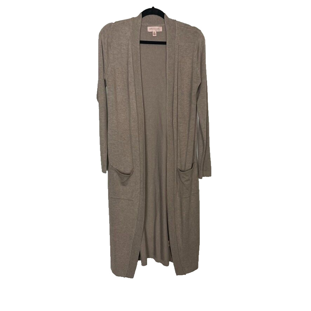 Philosophy Cardigan Womens Small P Tan Longline Open Front Side Pockets